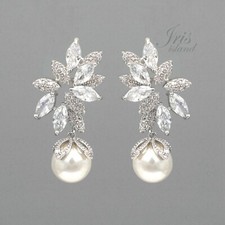Wedding Bridal Clear Cubic Zirconia White Pearl Studs Drop Dangle earrings 09228