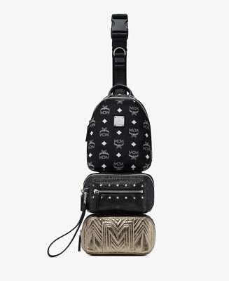 $1075 MCM Black Nylon Visetos Leather Trey 4-in-1 Sling Belt Bag  mul9arn10mt001