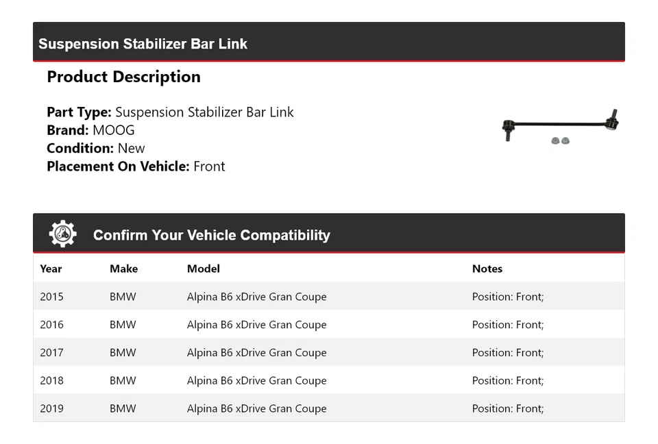 Barra estabilizadora de suspensión MOOG 2015-2019 para BMW Alpina B6 xDrive Gran Coupé 2015 Foto 2 de 4