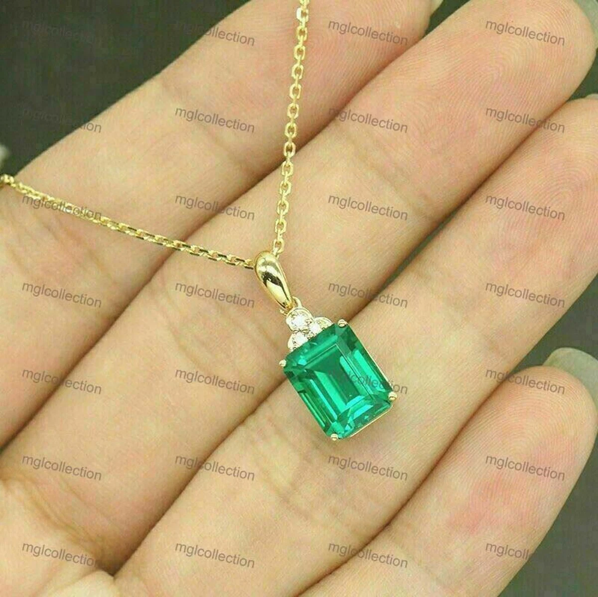 1 Ct Simulated Green Emerald Diamond Pendant Necklace Yellow Gold