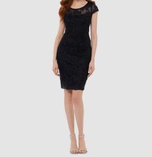 X by Xscape Women's Black Lace Lined Cap Boatneck Sleeve Sheath Dress Size 14