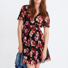 MADEWELL Women 2 Black Floral Babydoll Tulip Sleeve Surplice Mini Dress Romantic