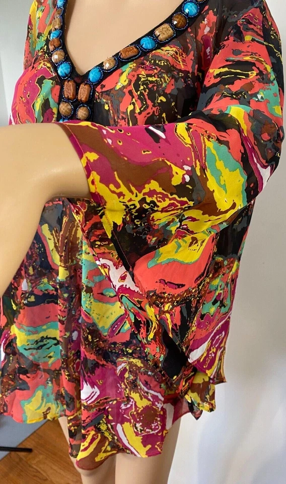 Blusa túnica boho John Paul Richard transparente con cuentas con joyas talla 1X D70 Foto 4 de 4