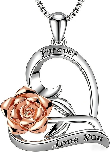 Halskette 925 Sterling Silber Rosenherz AnhäNger Gravur Forever Love 45Cm Damen-image