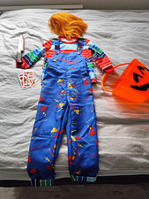 Jungen Halloween Komplett-Kost&uuml;mset Latzhose gestreiftes Shirt Per&uuml;cke Gr.110