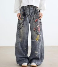 Men's Blue Denim Jeans Straight Leg Casual Pants Punk Printed Hip Hop Trousers