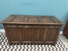 Vintage Carved linen Fold Oak Coffer Trunk Ottoman Storage Blanket Box