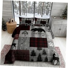Gray Red Grid Bedding Set Size,Kids Adults Winter Bedroom King Brown Wooden 03