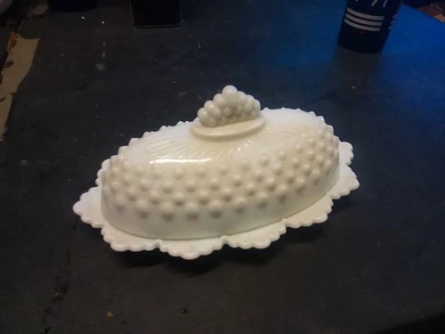 Vintage Fenton Milk Glass Hobnail Oval Butter Dish with Crown Top Lid