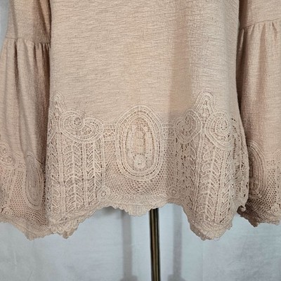MOTTO Bell Sleeve Knit Top Crochet Lace Trim Boho Earthy Peasant
