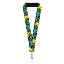 Buckle-Down Lanyard, Smiley Faces Melted Stacked Black Multi Neon, Elastic