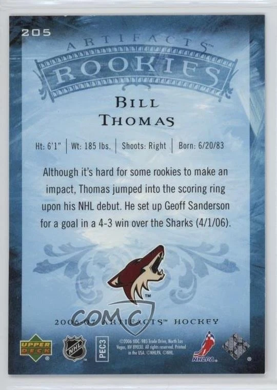 2006-07 Upper Deck Artifacts /999 Bill Thomas #205 Rookie RC - Image 2 of 2