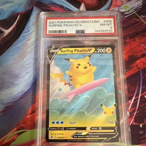 Surfing Pikachu V 008/025 Celebrations Holo Ultra Rare PSA 8 2021