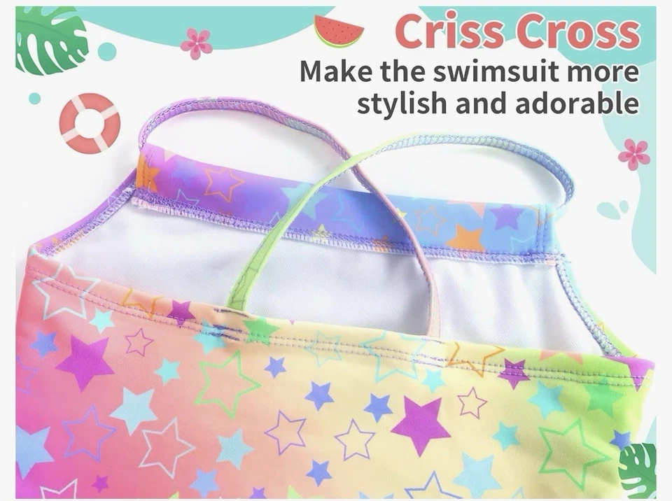 Traje de baño de una pieza estrella arco iris 3T 4T para niñas correas ajustables espalda cruzada Foto 4 de 4