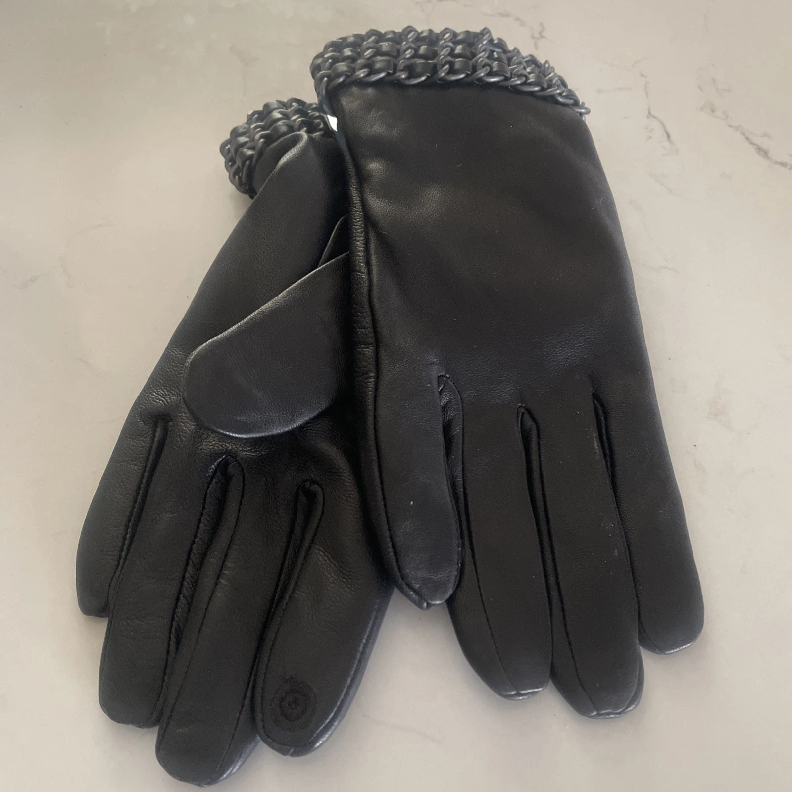 Chico's Black 100% Leather Gloves with Gunmetal Chain Accent Large