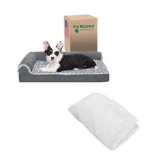 Furhaven dog bed L-Chaise Stone Gray, Medium W/same size waterproof liner