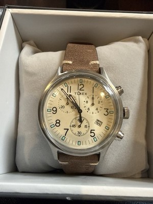 Timex Quartz Chronograph Cream Dial 40mm SS Brown Leather Strap 50m Box