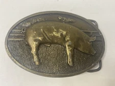 Pork Pig Hog 1977 Bergamot Brass Works Metal Belt Buckle Vintage