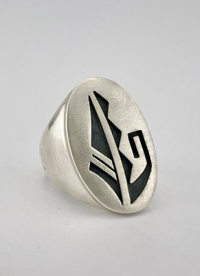 Vtg Eldon James Hopi Heavy Sterling Silver Tribal Overlay Design Mens Ring 19.5g