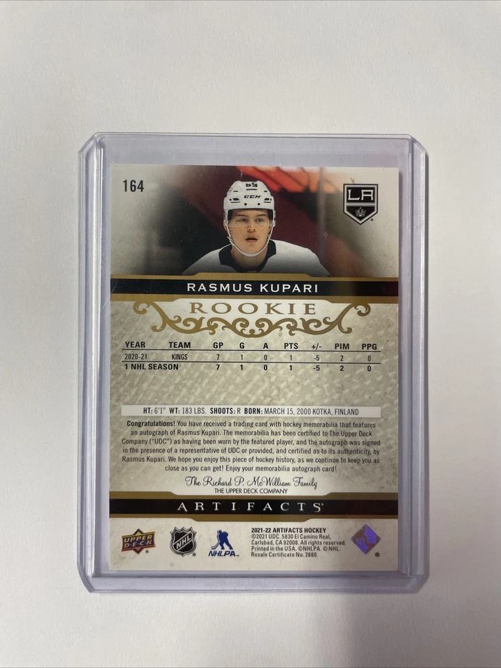 2021-22 Upper Deck Artifacts, Rasmus Kupari, (RC) Auto On Sticker, Patch 21/149 - Image 2 of 2