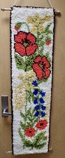Finished Latch Hook Wall Rug 28X22" Craft MCM Flowers 46"x13" Brass Hanging Rods