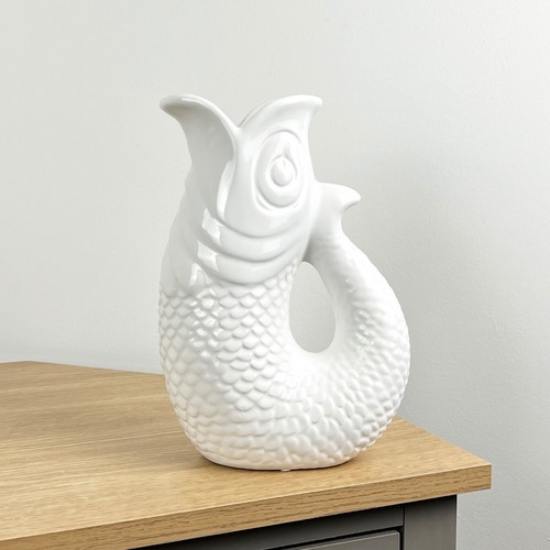Ornament for Living Room WHITE Fish Jug Vase Flowers Nautical Decor Bathroom
