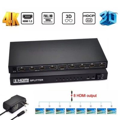 8 Port HDMI Splitter 1 IN 8 Output 1 to 8 Video Splitter Ultra 4K 3D 1080P Hub
