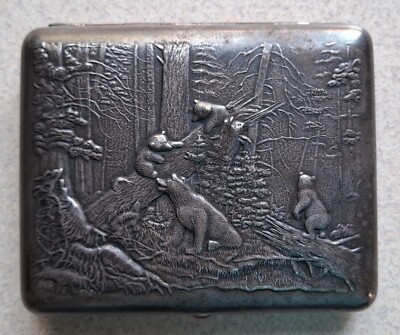 ebay cigarette case Hammered 900 Silver Applied 14K Gold Inscription Cigarette Case with Lighter for
