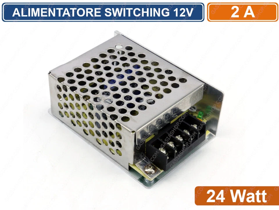 EACH ITALY ALIMENTATORE METALLICO STABILIZZATO SWITCHING TRIMMER 220V-12V 2A 24 WATT