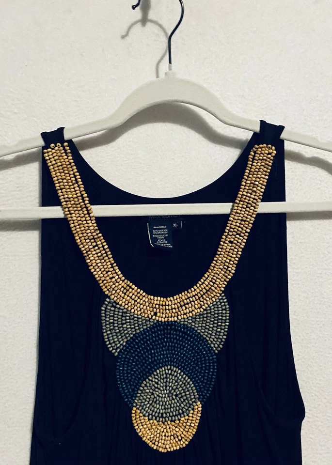 Túnica sin mangas Max Edition para mujer XL negra tejida boho con cuentas volantes dobladillo hippie Y2K Foto 2 de 4