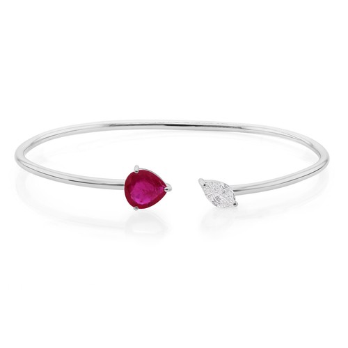 1.79 Tcw Ruby Gemstone Marquise H/SI Diamond Cuff Bangle Bracelet 18k White Gold - Picture 2 of 12