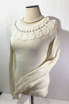 Milly Woman s Sweater Merino Wool/ Cotton Size S Knit Long Sleeves Rhinestones
