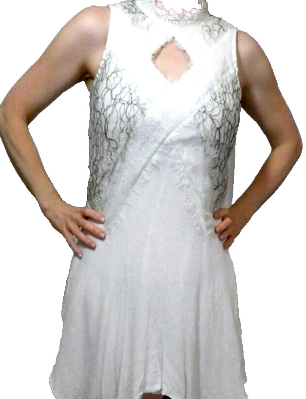 White Chiffon Lace Dress Size S Vintage Rare Handkerchief Hem Lightweight Summer