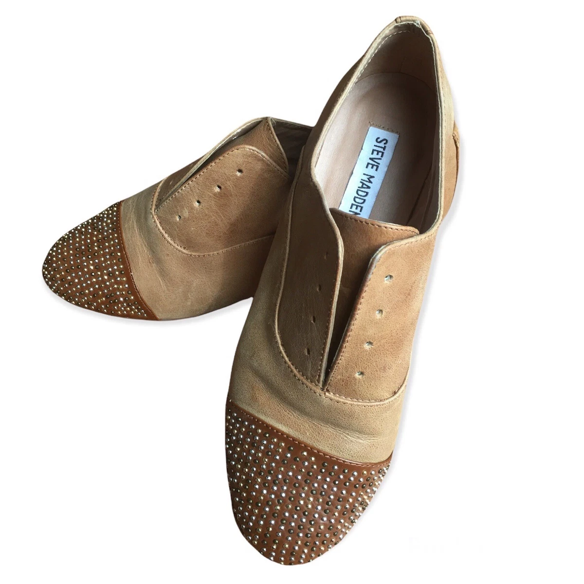 Steve Madden Tapps Leather Tan Studded Laceless Oxford Shoes Women s Size 7.5