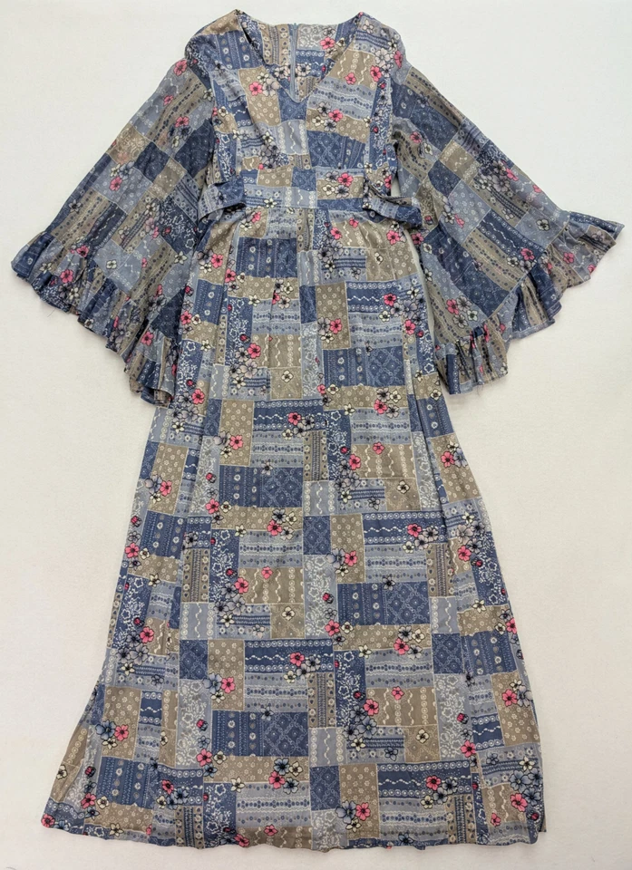 Винтажное женское платье макси 70-х размер 16 синее серое богемное хиппи - Изображение 2 из 4