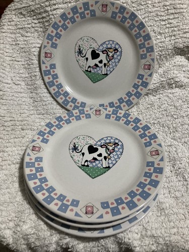 TABLETOPS UNLIMITED Buttermilk Cow Heart Blue Pink 7 1/2" 4 Salad Plates VTG New - Picture 4 of 12