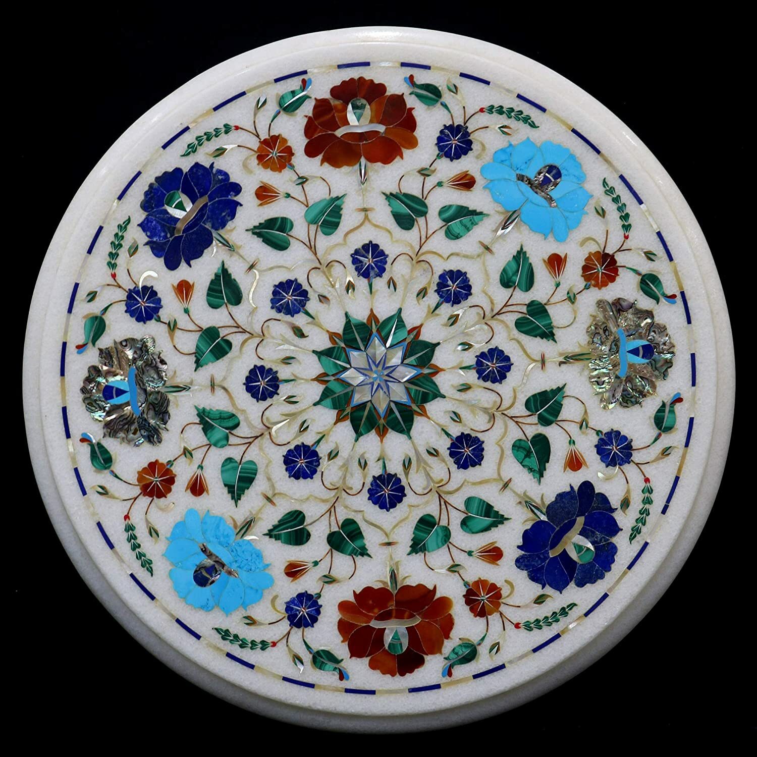 12-Inch Round Handmade Marble Inlay Corner Table with Pietradura Gemstone Work  