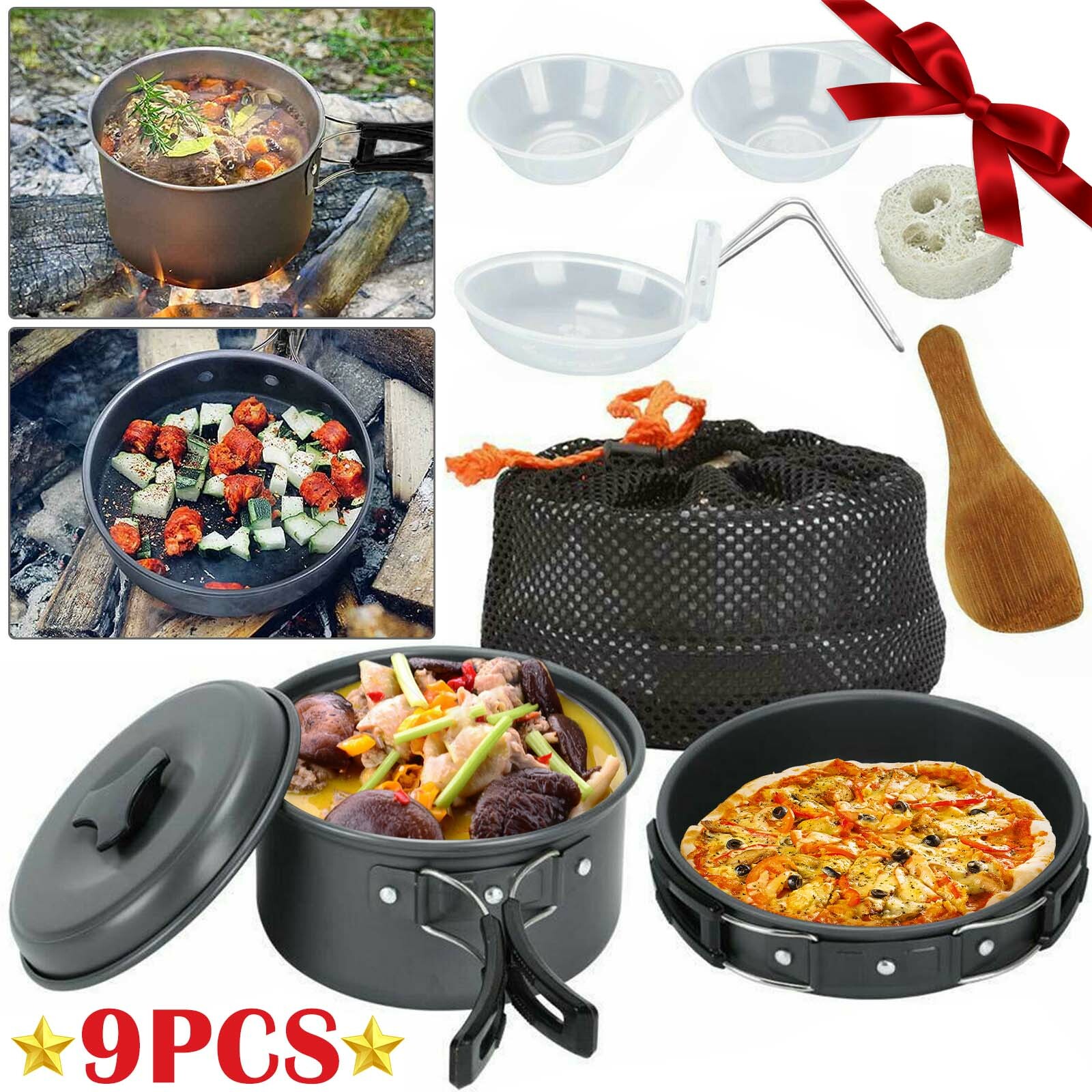 9 Set Portable Camping Cookware Kit Outdoor Picnic Hiking Cooking