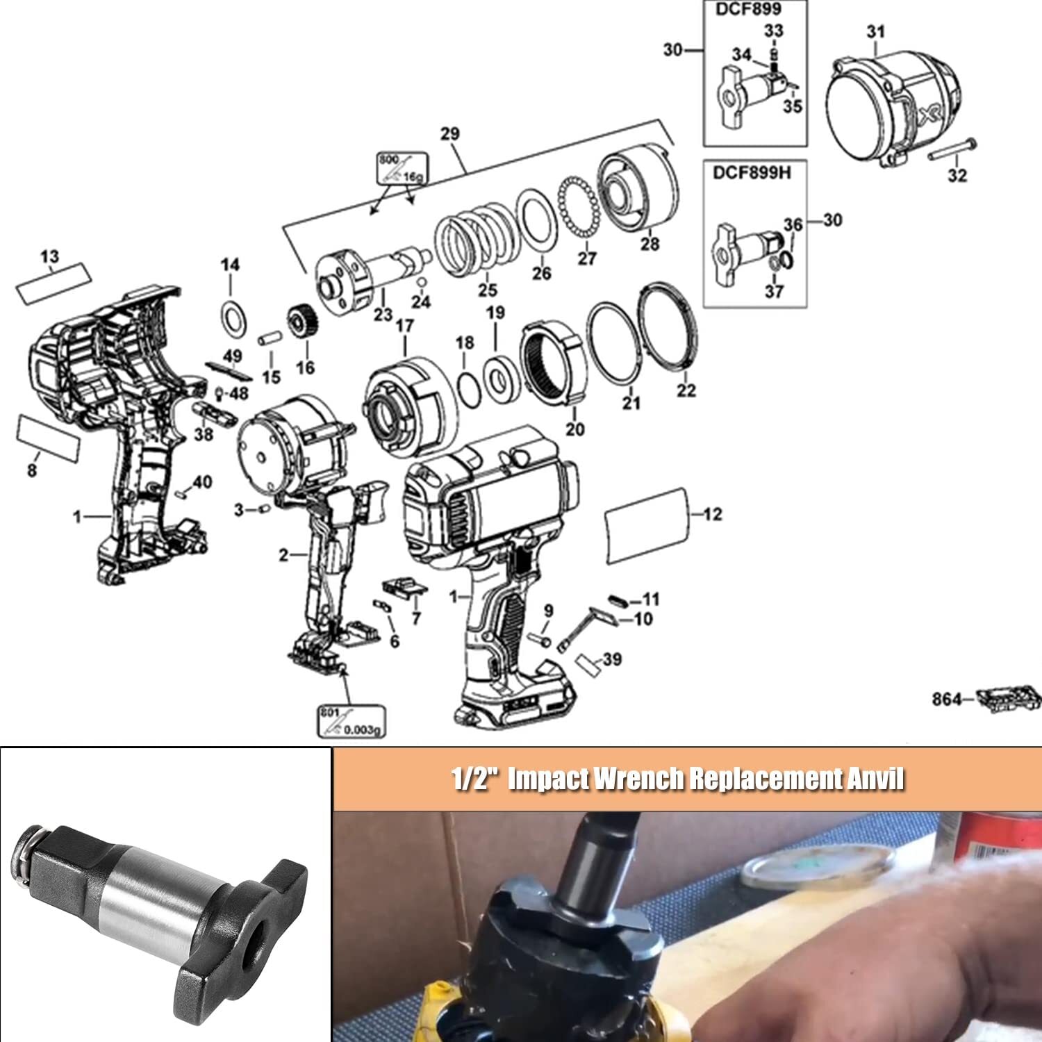 Impact Wrench Anvil Assembly 1/2'' for Dewalt Black & Decker 18V 20V ...