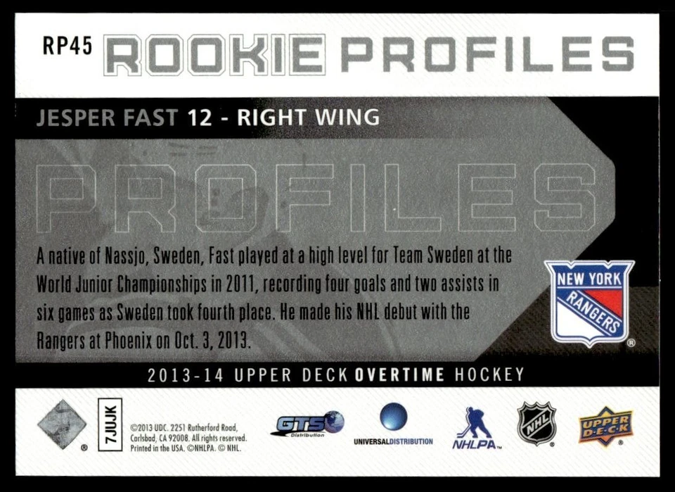 2013-14 Upper Deck Overtime Rookie Profiles Jesper Fast New York Rangers #RP45 - Image 2 of 2