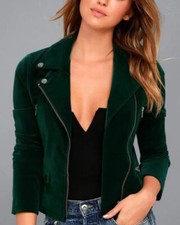 Lulus Jacket Women Medium Green Velvet Zip Up Career Workwear Moto Retro Coat