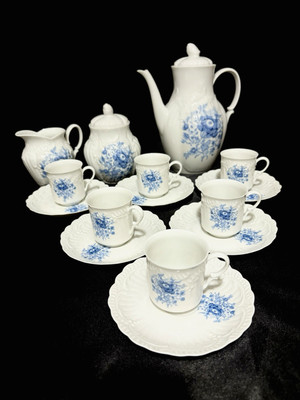 VINTAGE LIMOGES FRANCE WHITE & BLUE PORCELAIN PEONY FLOWERS PATTERN TEA SET NEW!