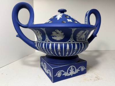 Rare 19th C.  Wedgwood Jasperware Dk Blue ''Crater'' Potpourri Pot W/Classic Muses