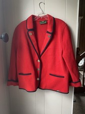 Geisswein Women?s Alpaca Wool Red Jacket Black Piping Metal Buttons