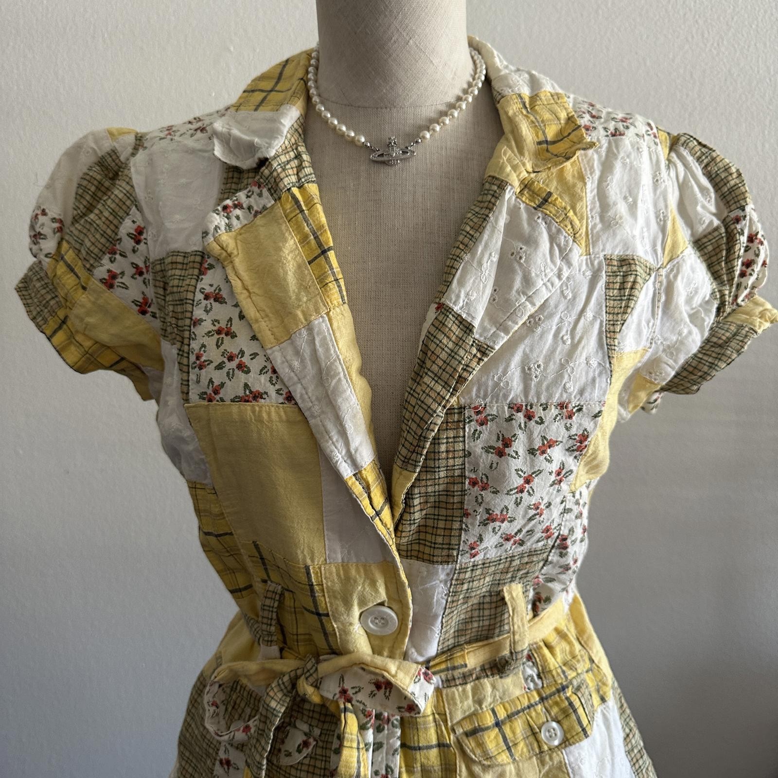 Yellow patchwork cap sleeve button blouse - image 6