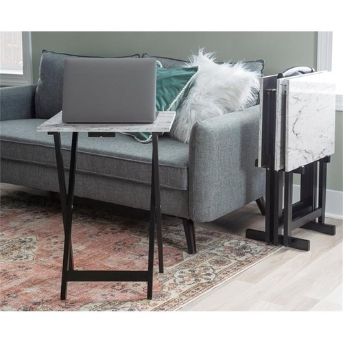 Riverbay Furniture 5-Piece Marble Folding Tray Table Set w/ Stand in White/Black - Picture 16 of 20