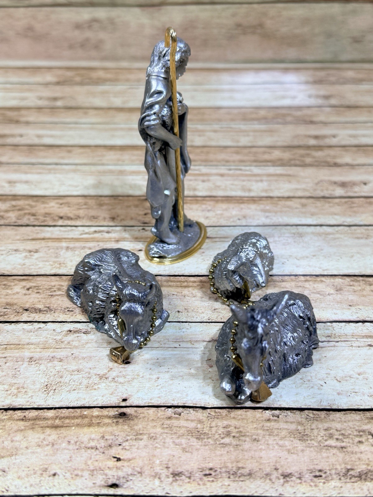 Cathedral Art Pewter Gold Gilt Doug Corsini Shepherd Donkey Sheep Ox Nativity