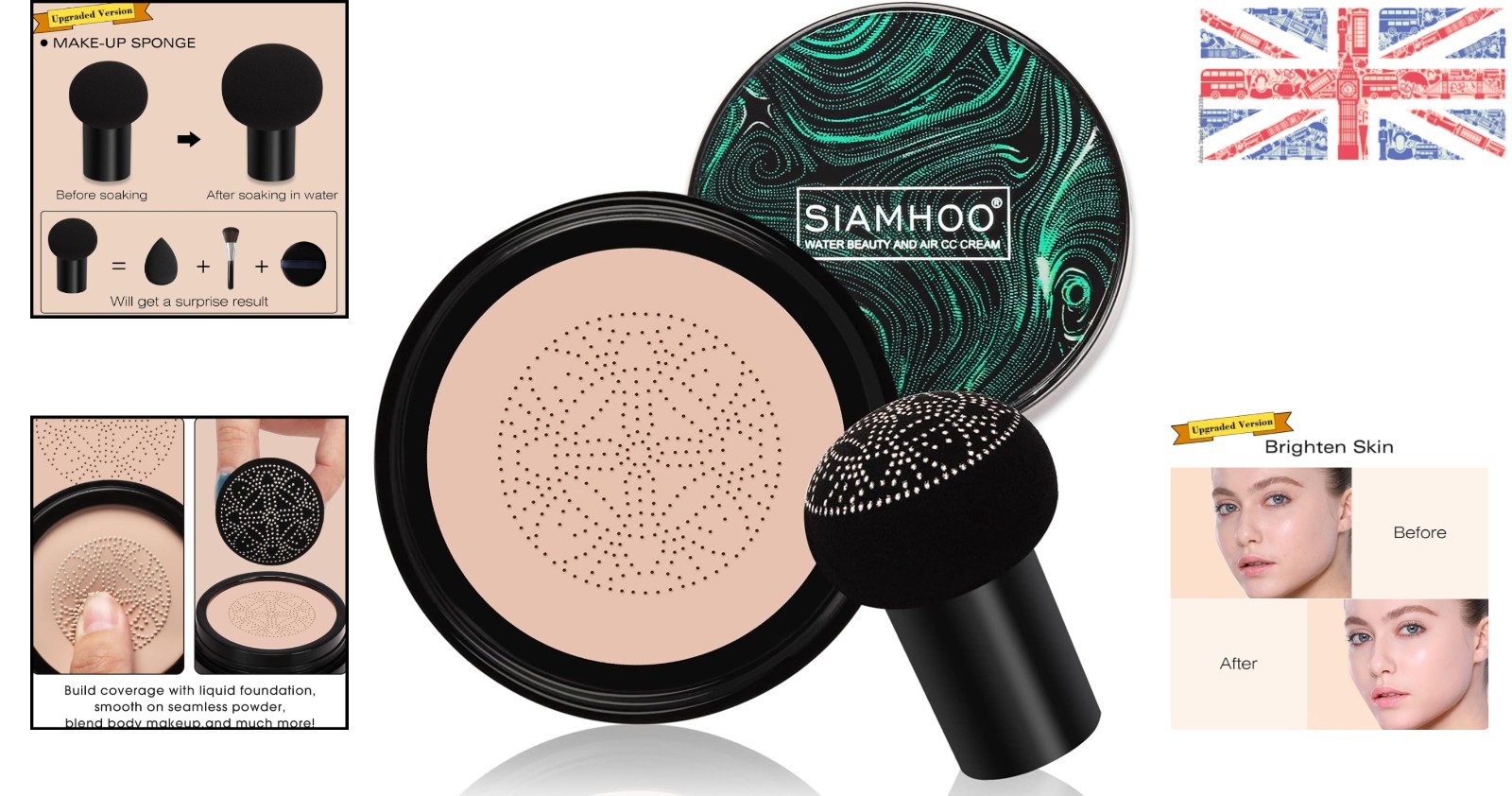 Natural CC Cream Foundation with Full Coverage & Mushroom Head Sponge - 0.7fl.oz