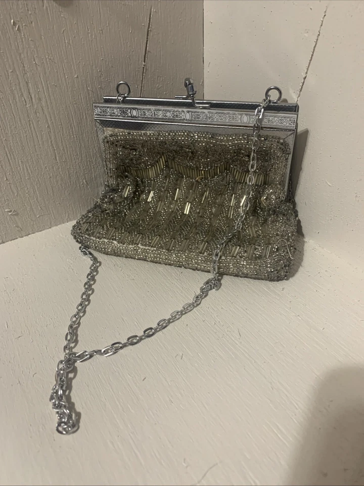 DELILL Vintage Handmade Gem Style Beaded Evening Clutch Purse With Chain Foto 3 de 4