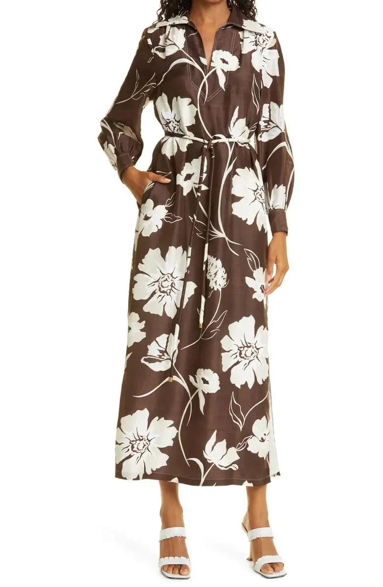 Abito tunica in seta TORY BURCH M stampa margherita cioccolato profondo Be nuovo con etichette